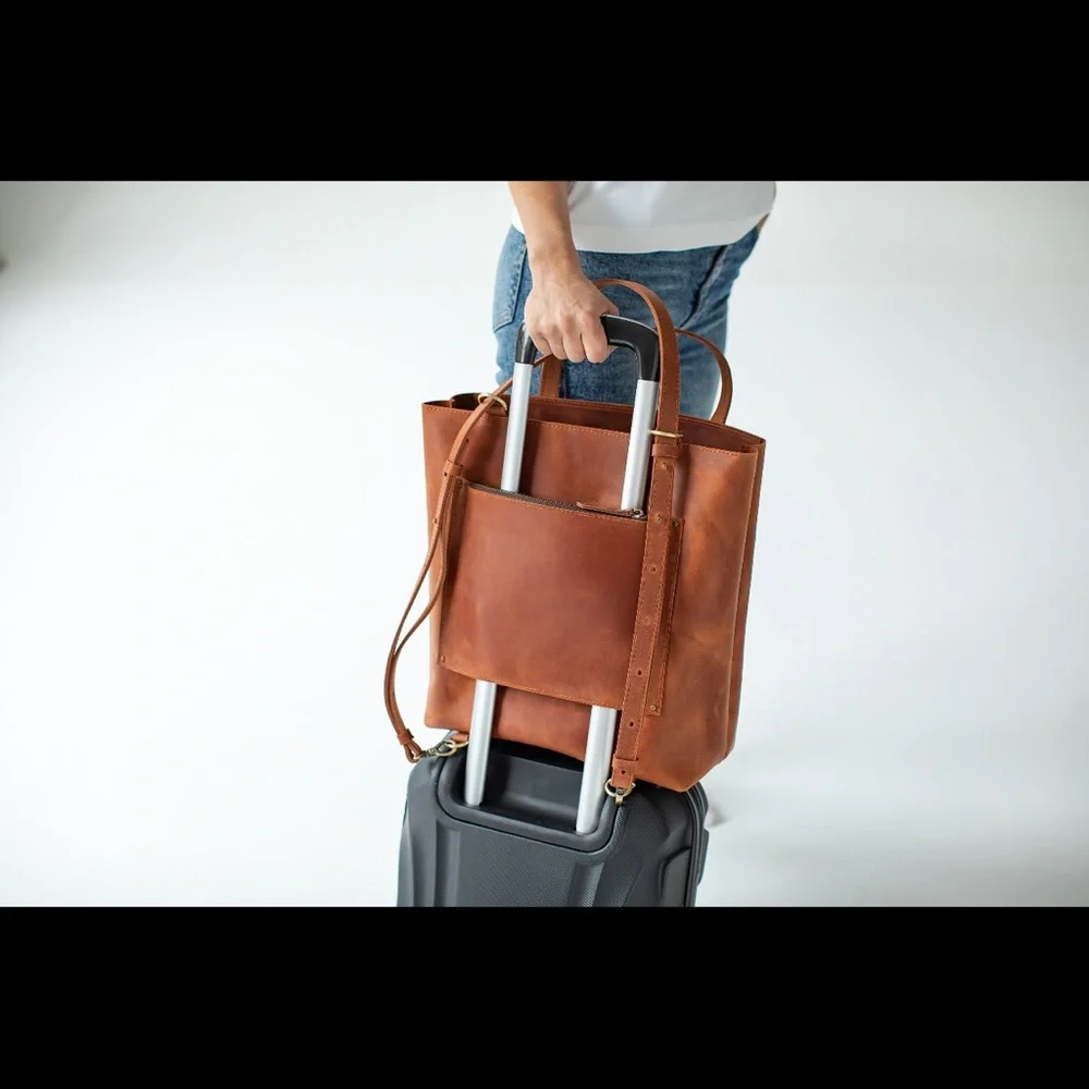 Convertible Leather Bag with Luggage Sleeve - Picture 4 of 7
